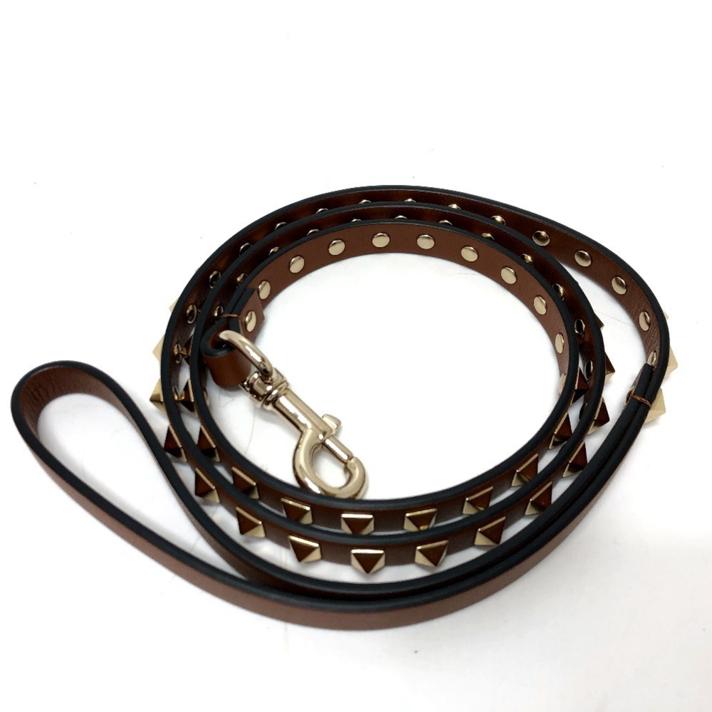 VALENTINO Studded Pet Lead Leather Men's Women's Brown G-231210-50